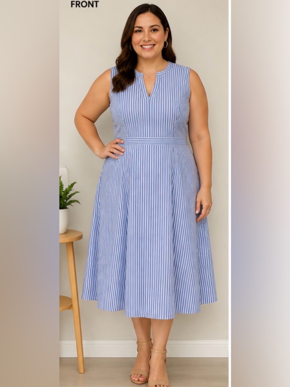 cleo Blue and White Striped Sleeveless Midi Dress